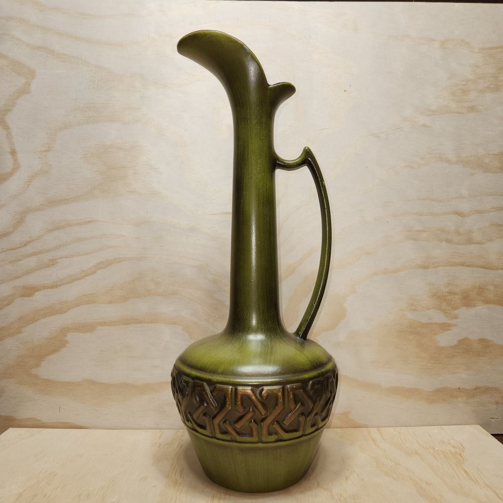 Vintage MCM Green Brown Bronze Ceramic Long Neck Pitcher Vase Pottery